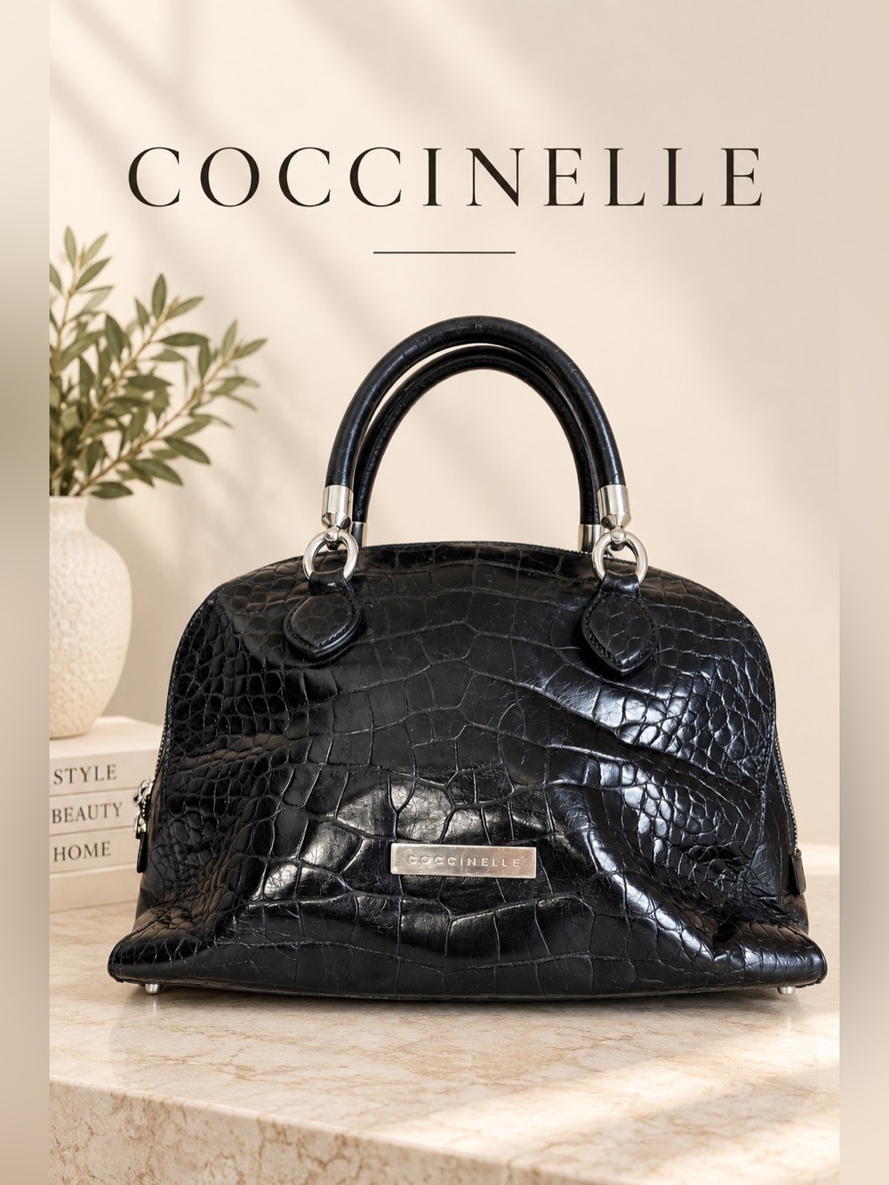 Coccinelle Black Croc Embossed Leather Dome Satchel Handbag